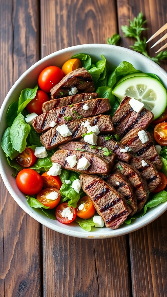 Grilled Steak Salad with Fresh Vegetables Recipe Grilled steak salad with mixed greens, cherry tomatoes, cucumber, and feta cheese on a rustic table.